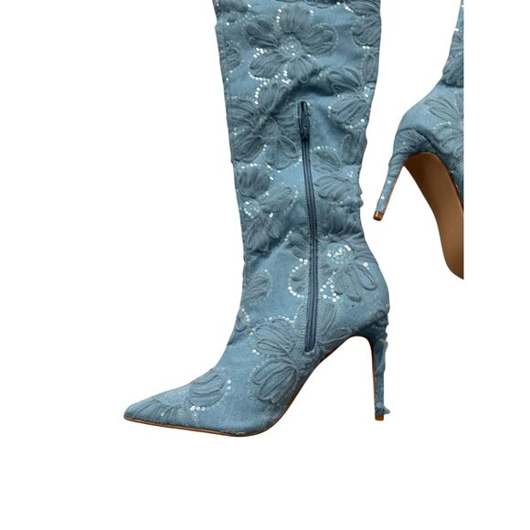 FASHION NOVA Blue Floral Embellished Over The Knee Boots Size 10 NEW NWOT - Picture 5 of 10